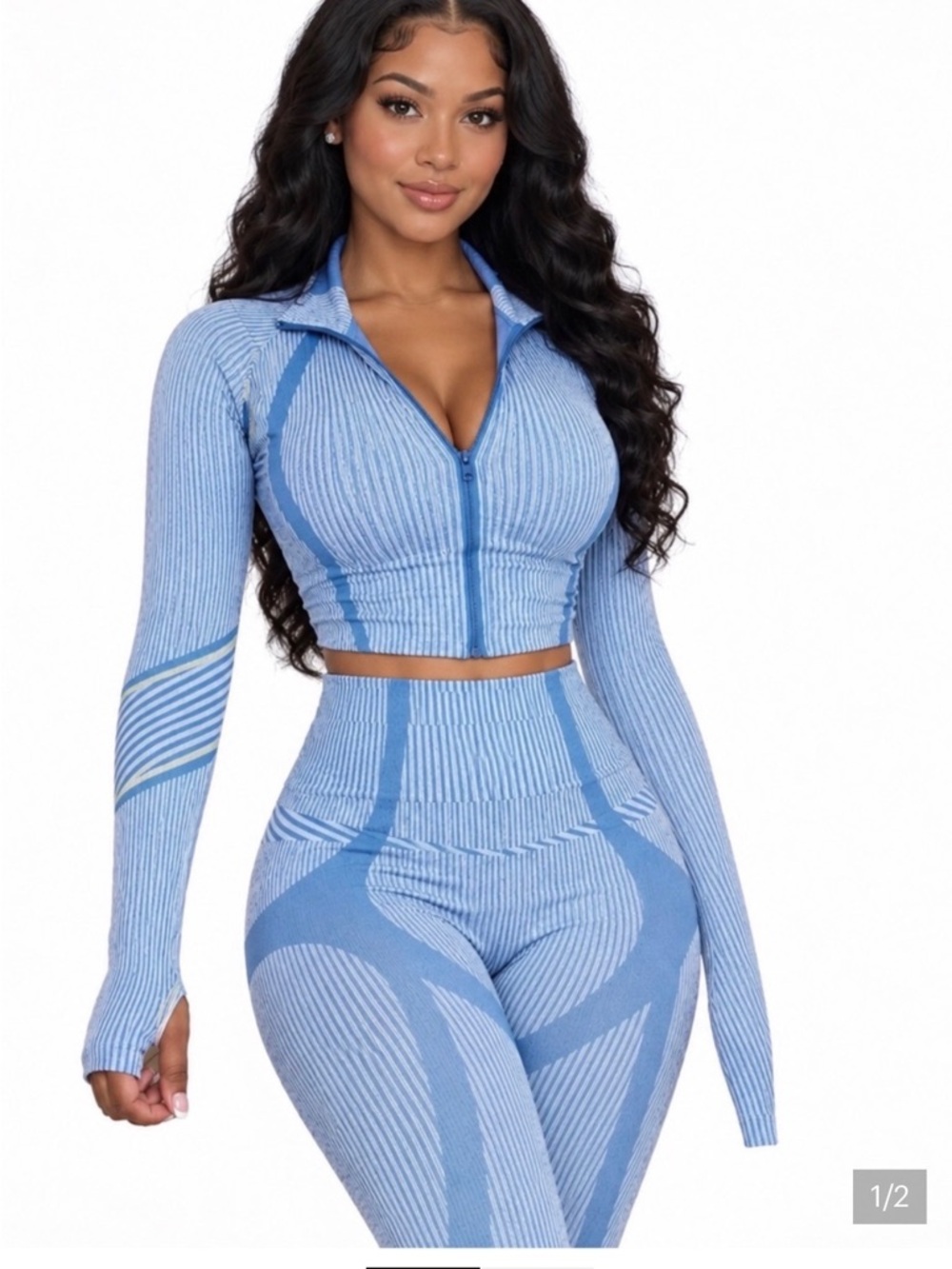 Sculpting Seamless Light Blue Zip-Front Crop Top